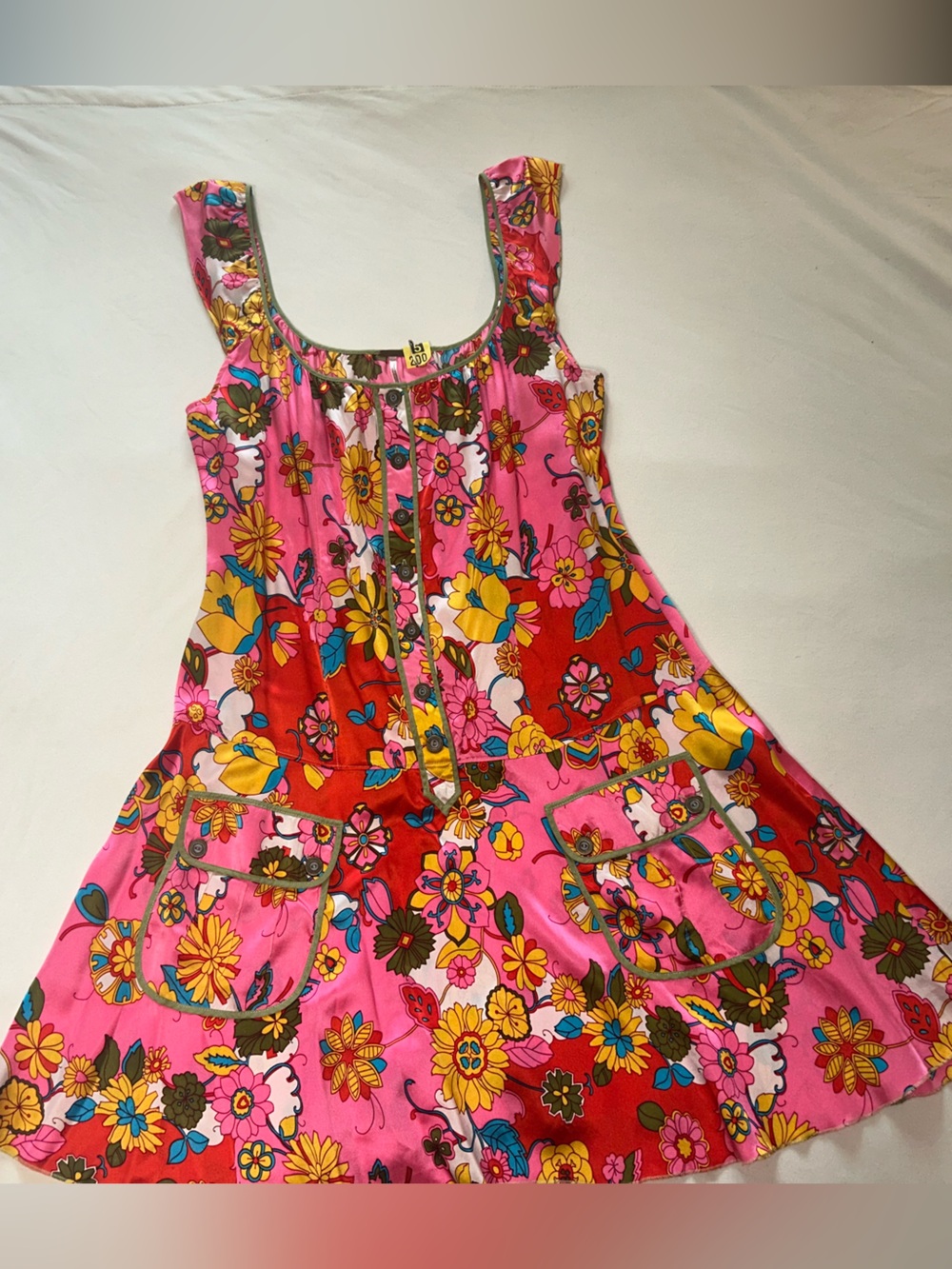 Trina Turk Pink Floral Summer Dress with Green Trim
